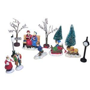 Vtg Christmas Village Figurines Kids Winter Sledding Bench Trees Signs Imperfect